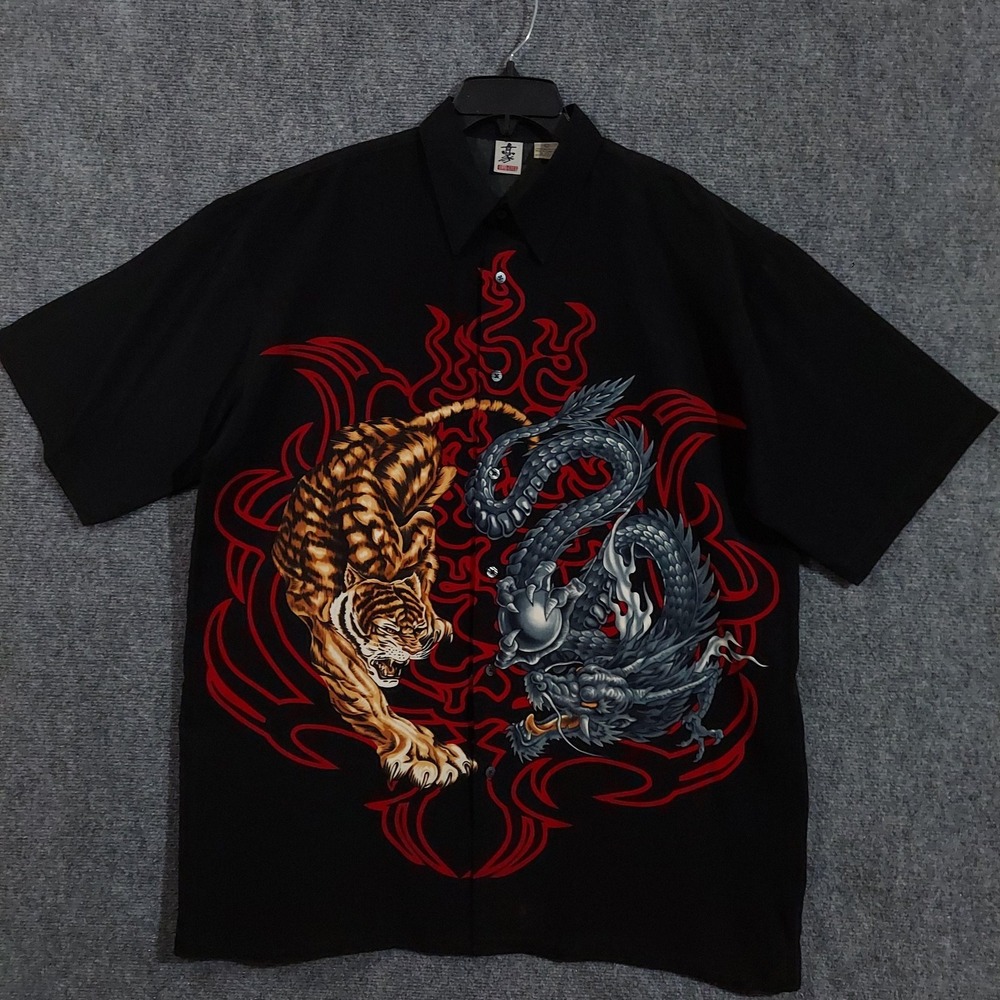 Billionboy‎ Shirt Mens Large Black Tiger Dragon Flame Button Up Short Sleeve